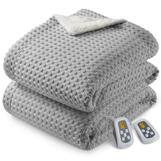 CAROMIO Heated Blanket Queen Size with LCD Dual Controller, Waffle Weave Fast Heating Electric Blankets, 10 Heat Levels & 1-12H Time Settings, ETL Certified, Machine Washable, Grey, 84" x 90"
