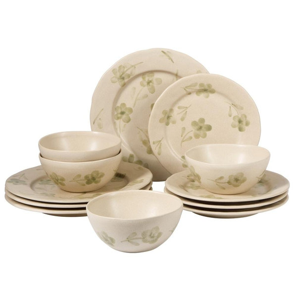 Bloomhouse - 2 Time Oprah's Favorite Things - Made in Portugal Hand Painted Dinnerware Set - Porto Petals 12 Piece (Service for 4) Floral Plates and Bowls Set - Green Orchid - Green Orchid