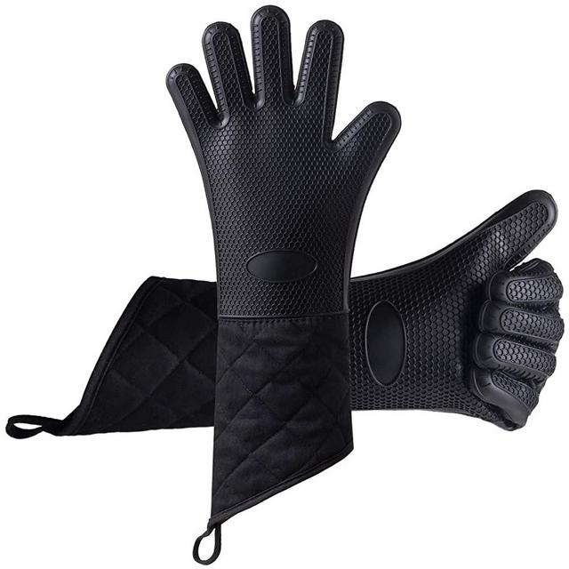 Camkuzon Oven Gloves, Heat Resistant Silicone BBQ Gloves Extra Long Waterproof Non-Slip Oven Mitts for Grilling, Cooking, Baking - Soft Cotton Liner, 1 Pair