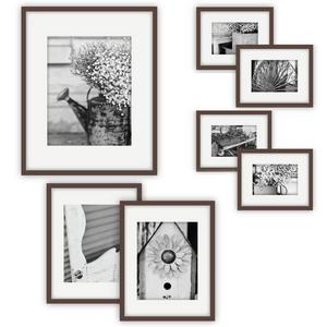 NBG Home - Gallery Perfect 7 Piece Walnut Photo Frame Gallery Wall Kit with Decorative Art Prints & Hanging Template