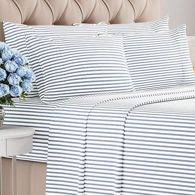 King 6 Piece Sheet Set - Breathable & Cooling Sheets - Hotel Luxury Bed Sheets - 1 Flat Sheet, 1 Fitted Sheet & 4 Pillowcases - Deep Pocket - Easy Fit, Soft & Wrinkle Free - King Blue Stripes Sheets