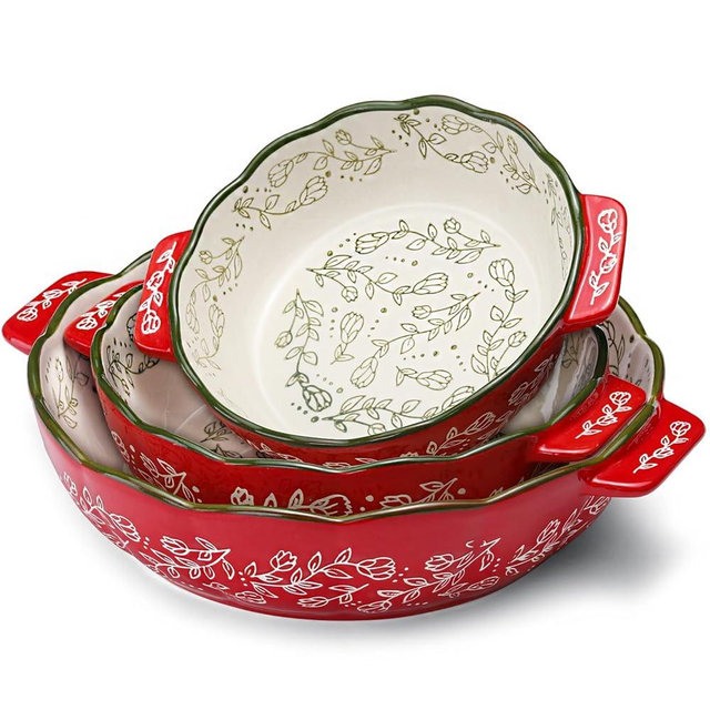 Ceramic Pie Pan, 1.1, 2, 3.2 QT Casserole Dishes for Oven, 6.7", 8", 10" Round Baking Deep Dishes Set, Bakeware Dish with Handles for Casseroles, Pie, Lasagna, Pizza & More
