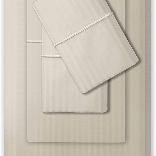 Feather & Stitch 500 TC Full Size Damask Bed Sheet Set, 100% Cotton Soft Breathable Bedsheets, 4 Piece 18" Deep Pockets Sateen Weave Striped Bedding Mattress Resort Hotel Luxury- (Beige, Full)