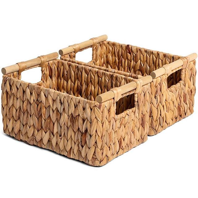 JS HANGER Hand-Woven Storage Baskets with Handles, Decorative Water Hyacinth Wicker Baskets for Paper Towel Organizing, 12.6"L x 7.9"W x 7.1"H, 2-Pack