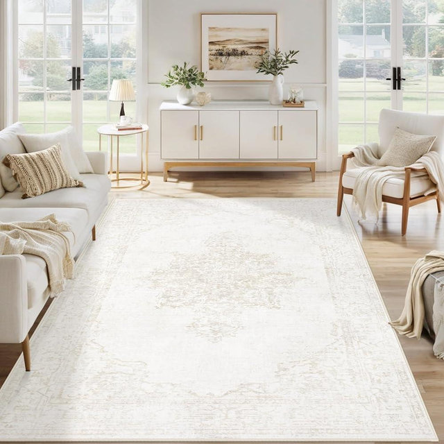 6x9 Area Rugs for Living Room, Washable Vintage Boho Rug Low Pile Soft Non Slip Rug Large Indoor Retro Carpet for Bedroom Dining Room Nursery Home Office (Beige, 6'x9')