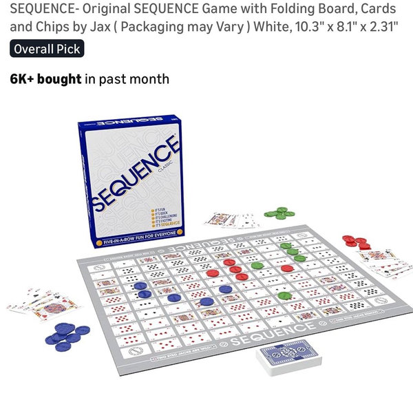 SEQUENCE- Original SEQUENCE Game with Folding Board, Cards and Chips by Jax ( Packaging may Vary ) White, 10.3" x 8.1" x 2.31"