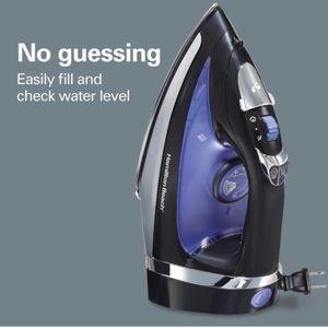 Hamilton Beach Steam Iron for Clothes & Garment Steamer with Smooth Press Stainless Steel Soleplate, 1200 Watts, 8’ Retractable Cord, Black (14214)