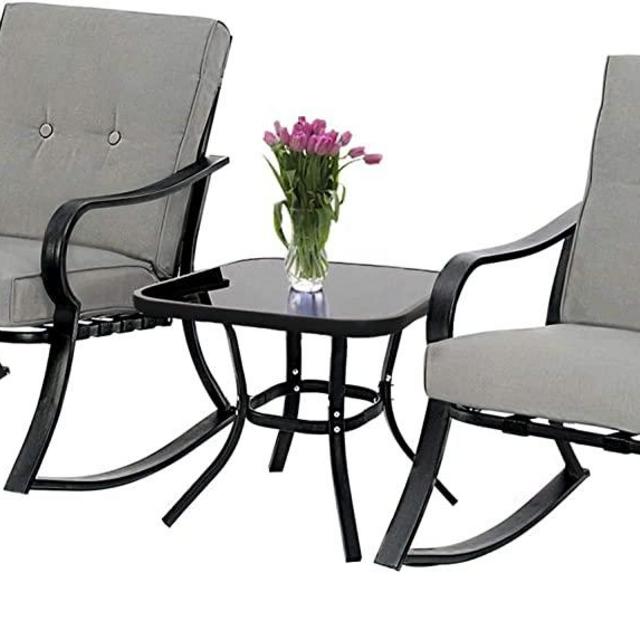 Skiway Outdoor 3-Piece Rocking Chairs, Patio Bistro Furniture Set, 2 Black Steel Rocking Chairs with Grey Cushion and Glass Top Coffee Table