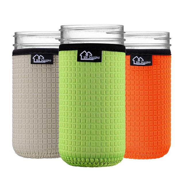 WKieason Wide Mouth Mason Jar Neoprene Sleeve 16-24OZ Mason Jar Sleeves (24OZ/Green/Grey/Orange)