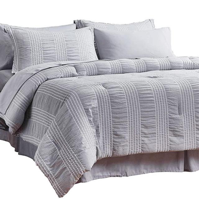 Bedsure Full/Queen Comforter Set 8 Piece Bed in A Bag Stripes Seersucker Ultra-Soft Lightweight Down Alternative Grey Bedding Set 88x88 inch