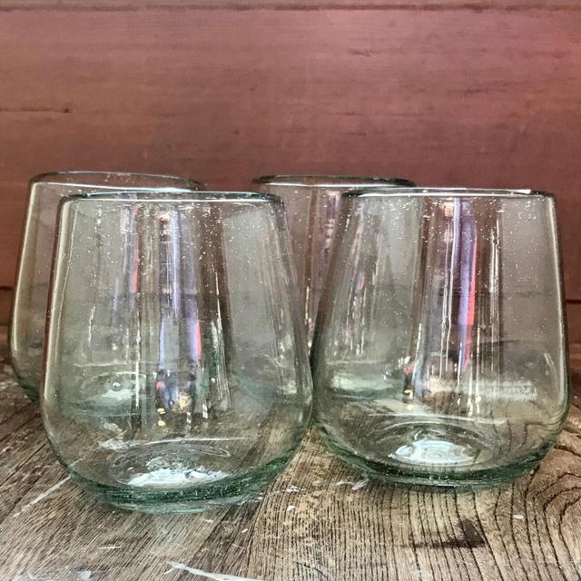 Handblown Recycled Glass Stemless Clear Wine Glasses Set of 4 Eco Friendly Juice/Cocktail/Bourbon Artisan Hand Blown Unique Gift Cabo Style