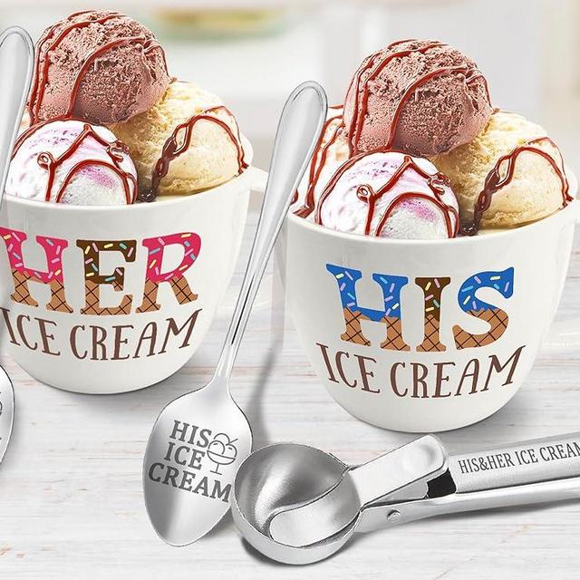 Anniversary Couple Gifts Ice Cream Bowls and Spoon Scoop Set, His And Hers Gifts, Wedding Engagement Gift for His Her, His Her Ice Cream Accessories Bowl Gift on Mothers Day, Christmas