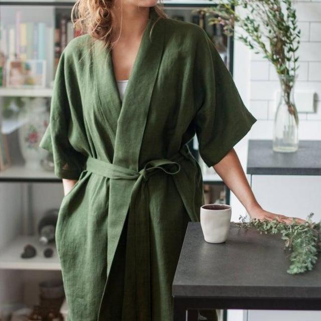 Green Linen Bathrobe, Gift for Her - Size XS/S/M