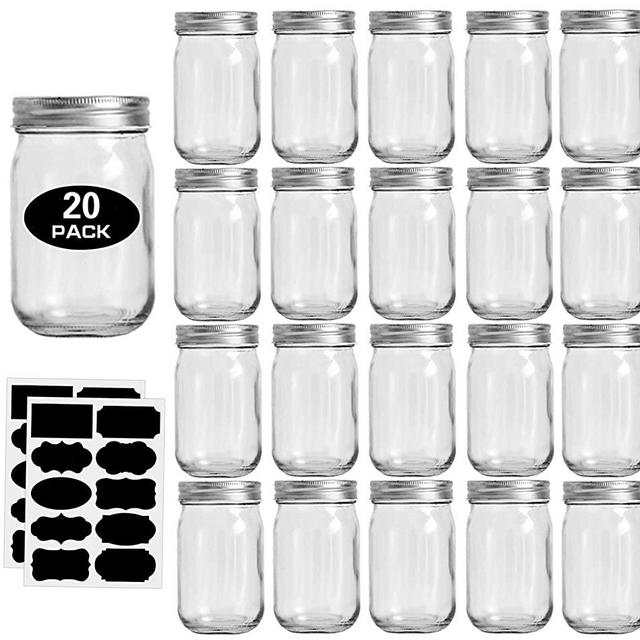 12oz Glass Jars With Lids Regular Mouth 20 Pack -Mason Jars 12 oz For Crafts, Meal Prep, Canning Jars For Food Storage Frascos De Vidrio Con Tapa Para Conservas-with 20 Chalkboard Stickers-Gold Lid