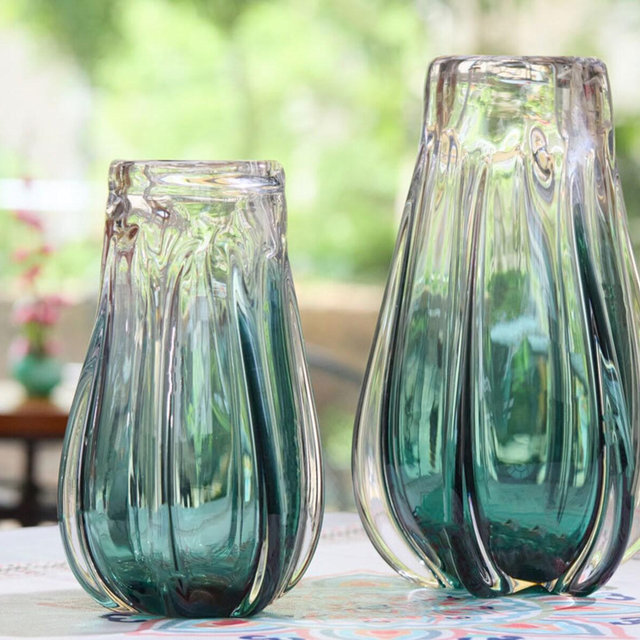 Hand Blown Sommerso Art Glass Vase Green Ombre 10-12.5 inch tall