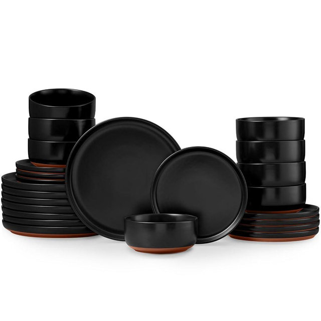 E-far 24-Piece Stoneware Plates and Bowls Sets, Dinnerware Sets for 8, Ceramic Dishware Dishes Set with Terracotta Base, Chip & Scratch Resistant, Microwave & Dishwasher Safe, Matte Black