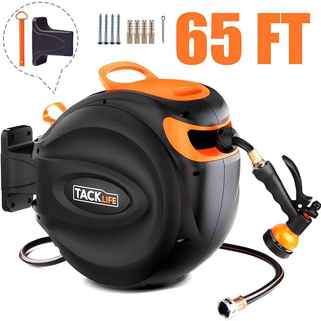 TACKLIFE Hose Reel with 7 Adjustable Sprayer Nozzle | 65+7 FT Retractable Water Hose | Wall Mount | Auto Rewind | 180 Degree Pivot | Brass Connector | Any Length Lock | for Watering, Car Washing