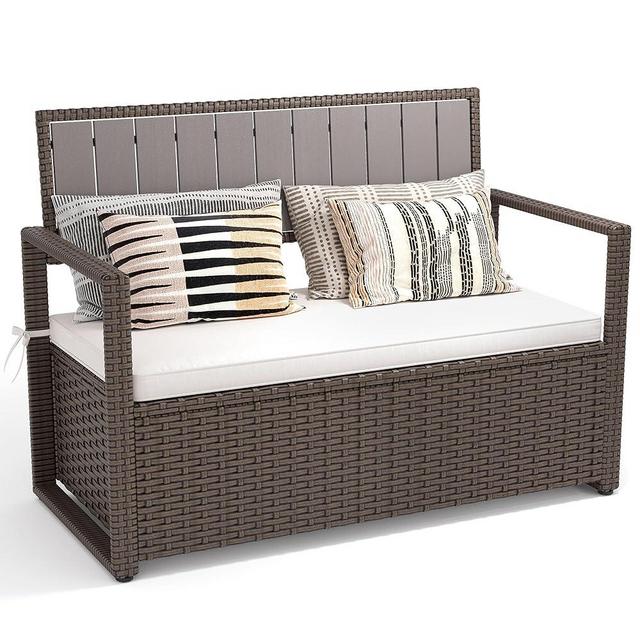 YITAHOME 70 Gallon All-Weather PE Rattan Storage Bench, Waterproof Deck Box Seat for Patio Furniture, Outdoor Cushions, Pool & Garden Tools, Brown