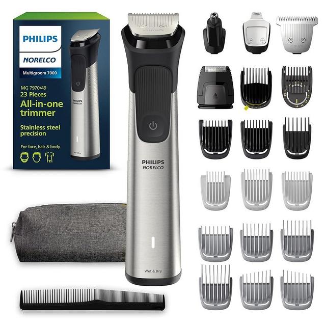 Philips Norelco Multigroom 7000 Series, All-in-One Trimmer, Beard Trimmer and Hair Clipper, 23-Piece Men's Grooming Kit for Beard, Face, Nose, Ear, Body, with Titanium Blades, Travel Pouch, MG7970/49