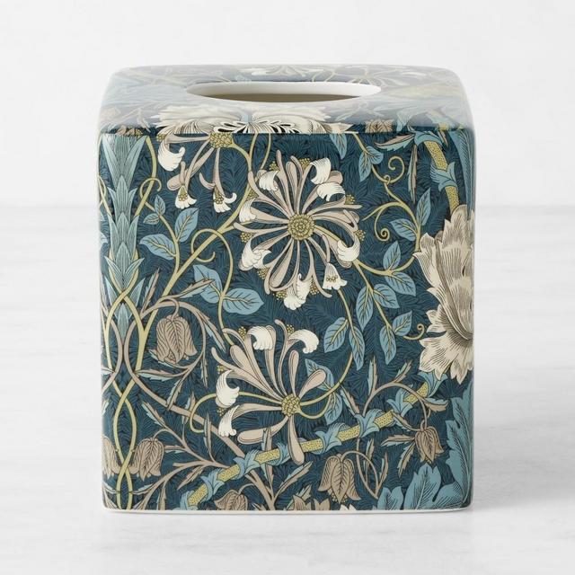 Morris & Co Honeysuckle Tulip Bath Collection, Tissue Box Cover, Teal Blue