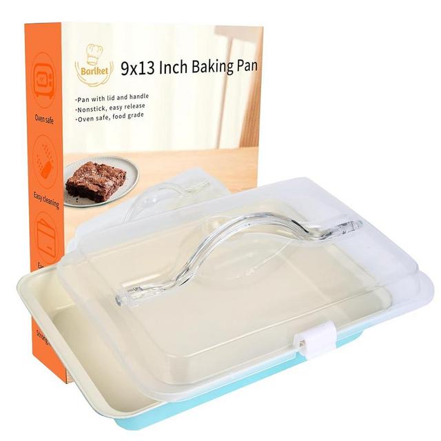Barlket 9x13 Baking Pan with Lid and Handle, Nonstick Cake Carrier with Locking Cover, Deep Oblong Bakeware for Brownies, Casseroles, and Travel, Blue and Beige