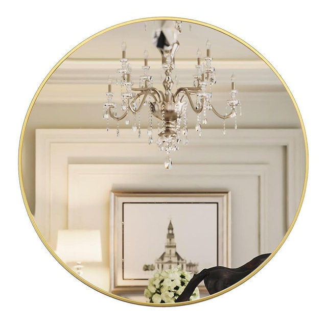 Growsun 28 inch Gold Round Mirror, Bathroom Mirror for Wall, Wall-Mounted Circle Mirror for Living Room Decoration, Wall Decor Mirror