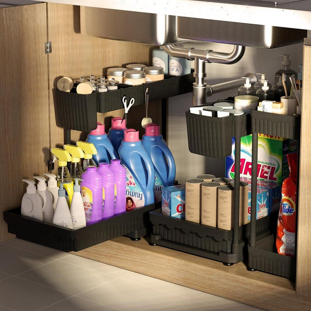 Sevenblue 3 Pack Multi-Purpose Under Sink Organizers and Storage, 2025 L-Shaped Pull Out Cabinet Organizer for Bathroom & Kitchen, Under Cabinet Organizer with Hooks Hanging Cup, Black, Elevated