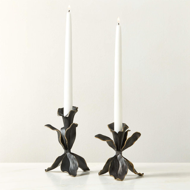 Iris Blackened Brass Taper Candle Holders Set of 2