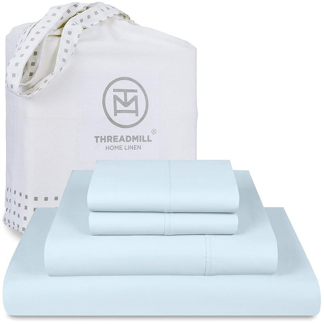 Threadmill Supima Cotton Queen Sheet Set, 1000 Thread Count Queen Sheets for Queen Mattresses, 4 Piece American Luxury Bed Sheets, Sateen Hotel Quality Sheets with Elasticized Deep Pocket, Light Blue