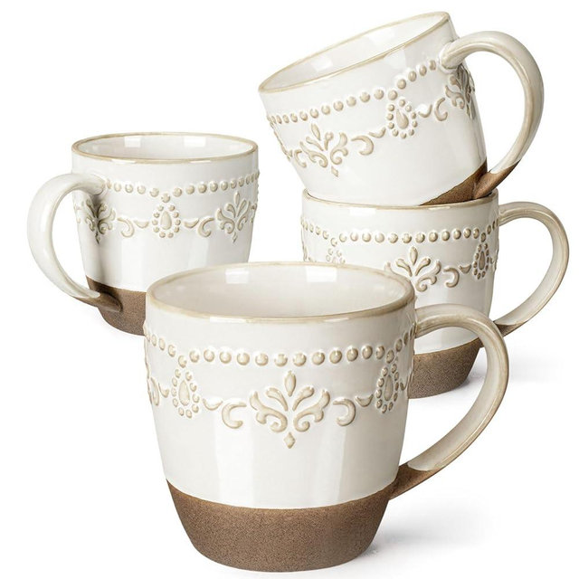 Artena Ceramic Coffee Mugs Set of 4, 16oz Embossed Large Latte Mugs Coffee Cups with Handle for Tea, Latte, Cappuccino & Cocoa, Milk Dishwasher & Microwave Safe, White (Damask Floral)