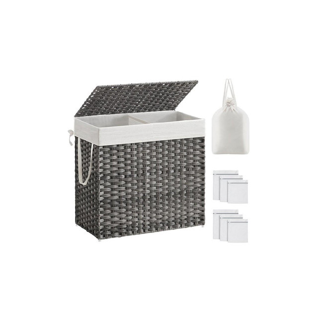 Slickblue Synthetic Rattan Laundry Hamper with Lid, 2 Sections Removable Liner Bag