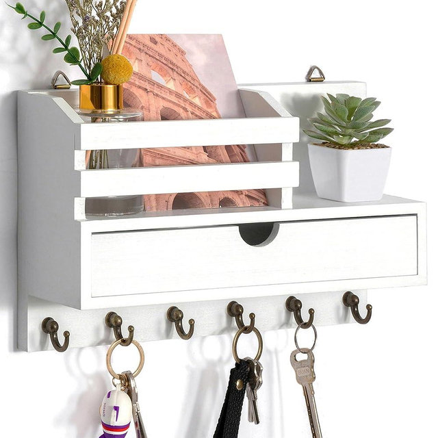 dreampossible Key and Mail Holder for Wall, Mail Organizer Wall Mount with 6 Hooks and Storage Drawer, Wooden Key Rack Hanger with Shelf for Entryway and Home Decor