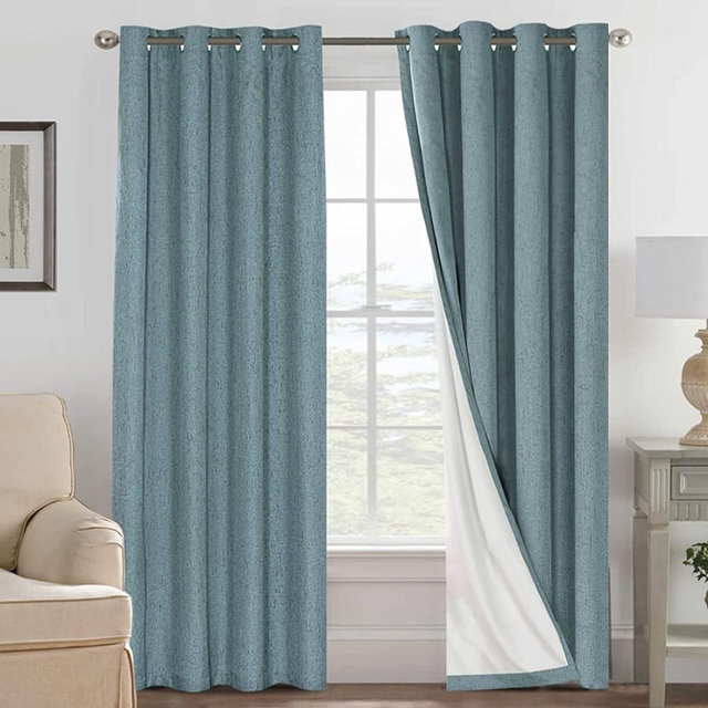 Linen Blackout Curtains 96 Inches Long 100% Absolutely Blackout Thermal Insulated Textured Linen Look Curtain Draperies Anti-Rust Grommet, Energy Saving with White Liner, 2 Panels, Stone Blue