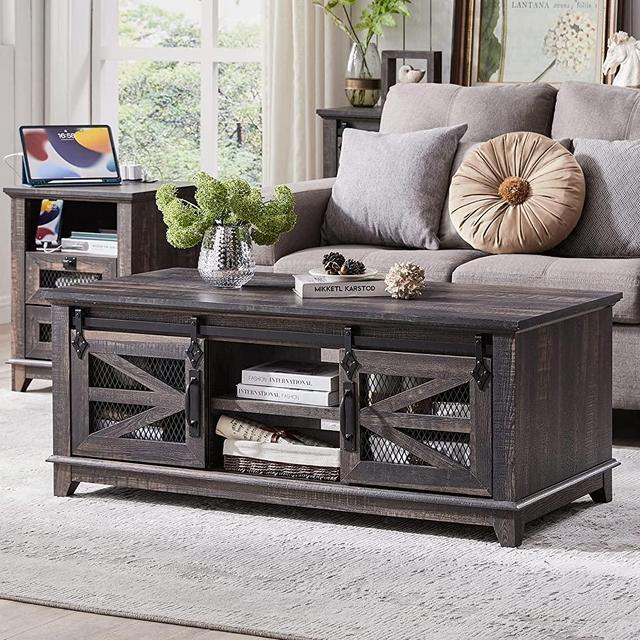 OKD 48'' Coffee Table with Storage & Sliding Barn Doors, Farmhouse & Industrial Center Table w/Adjustable Shelves for Living Room, Rectangular Rustic Cocktail Table w/2 Side Cabinets, Dark Rustic Oak