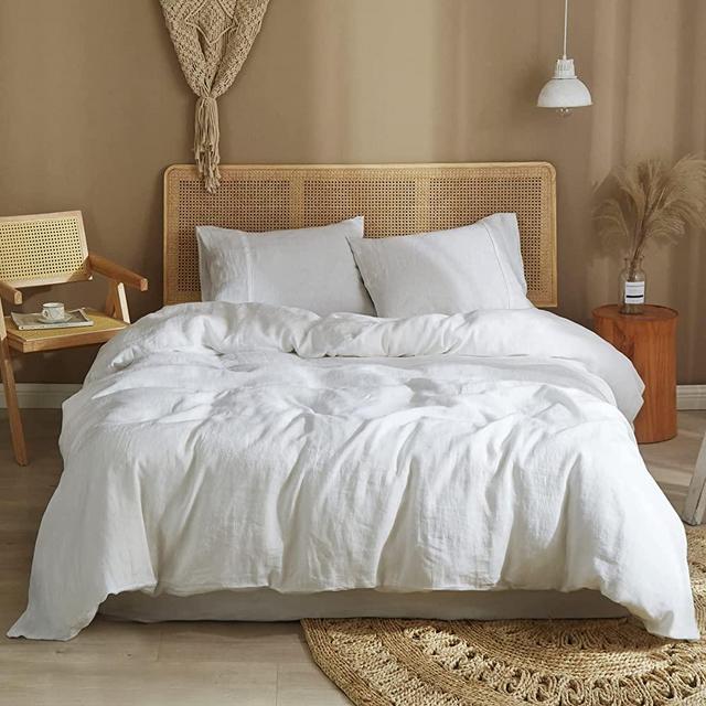 Ivellow White Linen Duvet Cover Queen 100% Pure Washed French Flax Linen Off White Duvet Cover Soft Breathable Moisture Wicking Cooling Linen Bedding Set 3Pcs ( 1 Linen Queen Duvet Cover 2 Pillowcase)
