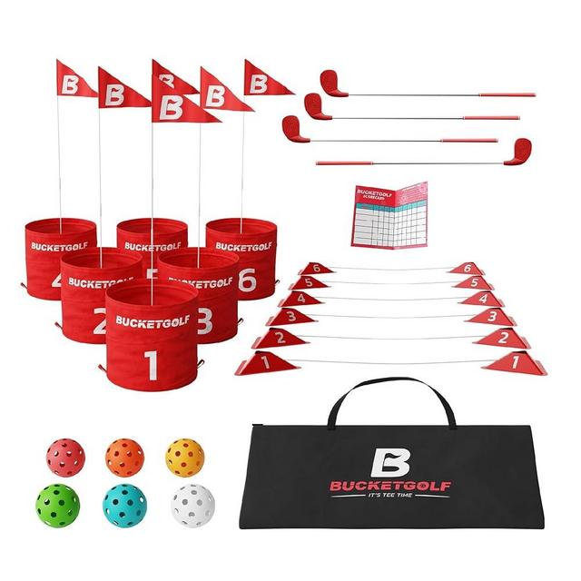 bucketgolf Game 6 Hole Bundle with Clubs - The Best Backyard Golf Game for All Ages and Levels Adults, Kids, Families, Schools, Yards, Parks, Beaches, Vacation. (4 Clubs (3 RH + 1 LH))