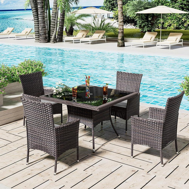 ASJMR 5 Pieces Dining Sets for 4 with Rattan Wicker Dining Set Chairs and Square Table Glass Top with Umbrella Cutout, Outdoor and Indoor Set for Patio, Backyard, Garden, Poolside, Kitchen-Gray