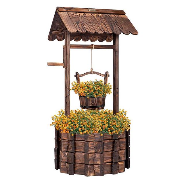 VIVOSUN Wooden Wishing Well, Rustic Wooden Planter with Hanging Flower Bucket for Outdoor Garden, Yard, Lawn, and Home Decor