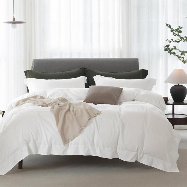 ELIMMO Cooling Queen Duvet Cover Set 3 Pieces-100% Washed Cotton with Chic Wide Trim Design Linen Like Textured Ultra Soft Cozy Bedding with Zipper Closure(Hemmed Off White,Queen 90"x90")