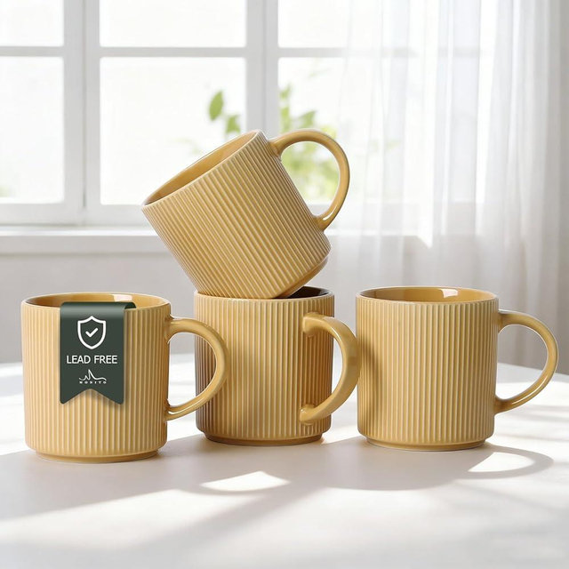 MONITO 16Oz Coffee Mugs Set of 4, Rustic Ceramic Coffee Cups Set with Large Handle, Vintage Striped Stoneware Coffee Mugs for Latte, Cocoa, Tea, Milk, Microwave & Dishwasher Safe, Lemon Yellow