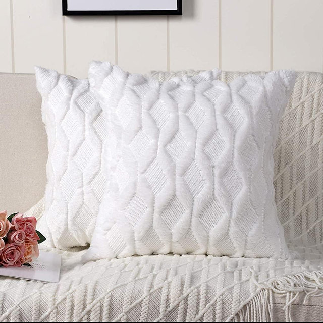 Madizz Pack of 2 Soft Plush Short Wool Velvet Decorative Throw Pillow Covers Luxury Style Cushion Case Pillow Shell for Sofa Bedroom Square White 22x22 inch