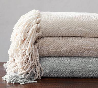 Chenille Hand-Knotted Fringe Throw - Color Flax