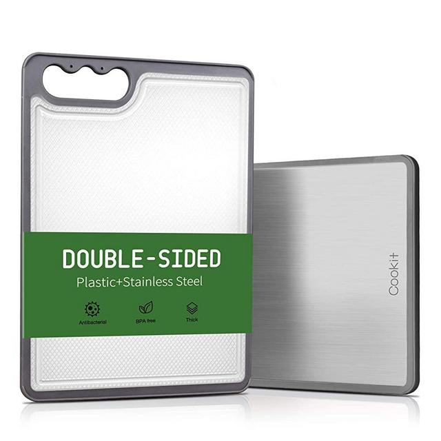 Plastic Cutting Board for Kitchen, Reversible Stainless Steel Chopping Board for Meat, Juice Groove with Easy-Grip Handles, Dishwasher Safe, Large 14.8×10.63''