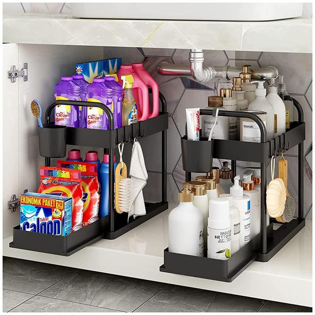 2 PACK Under Kitchen Sink Organizers and Storage, 2 Tier Bathroom Cabinet Undersink Organizer Storage Pull Out Shelf Drawer, 2PCS Under-sink Organizers Sliding Rack for Narrow Space, Black