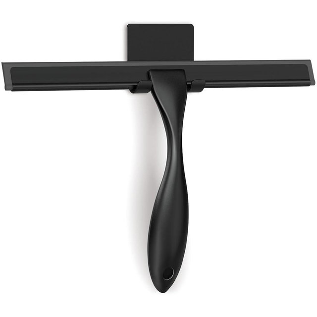 Zeerun All-Purpose Stainless Steel Shower Squeegee for Glass Doors with Adhesive Hooks, Squeegee for Shower Glass, Bathroom Household Cleaner Tool for Window Mirror Tile Wall Car, 10 Inch Black