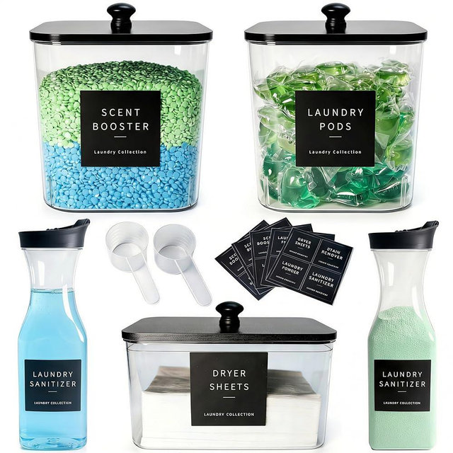 3+2 Pack Laundry Pods Containers & Dryer Sheet Holder & Laundry Detergent Dispenser, Laundry Room Organization and Storage Jars with Lids, Labels and Scoops for Scent Booster, Powder, Pods