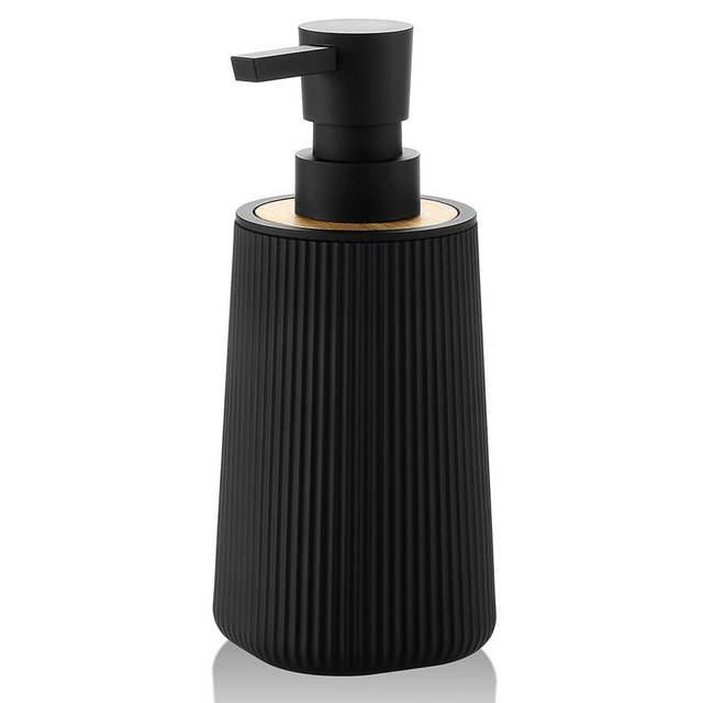 Small Soap Dispenser for Bathroom and Kitchen, Modern Farmhouse Striped Style Plastic Hand Soap Dish Soap Dispenser with Bamboo Decor Black
