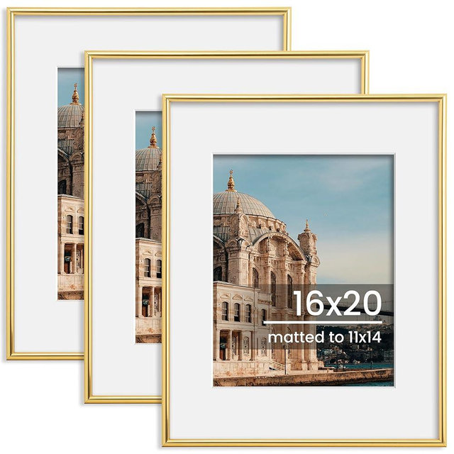 FLYJOE 16x20 Picture Frame, Display Pictures 11x14 with Mat or 16x20 Without Mat, Wall Hanging Photo Frame, Gold, 3 Pack