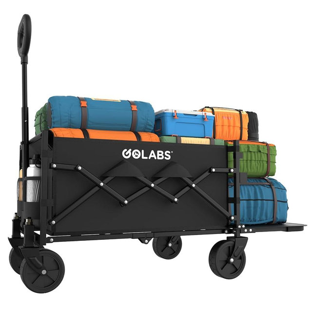 Golabs Collapsible Wagon Cart Max 350lb Load & Expandable Storage 100L, Double Bearing Design for Flexible Steering, Foldable Heavy Duty Garden Cart with 2 Cup Holders for Groceries, Garden & Camping