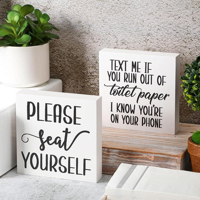 Jetec Set of 2 Farmhouse Bathroom Signs Decor Funny Rustic Wood Plaque Bathroom Wall Art Please Seat Yourself Wooden Toilet Signs for Home Restroom Shelves(White)